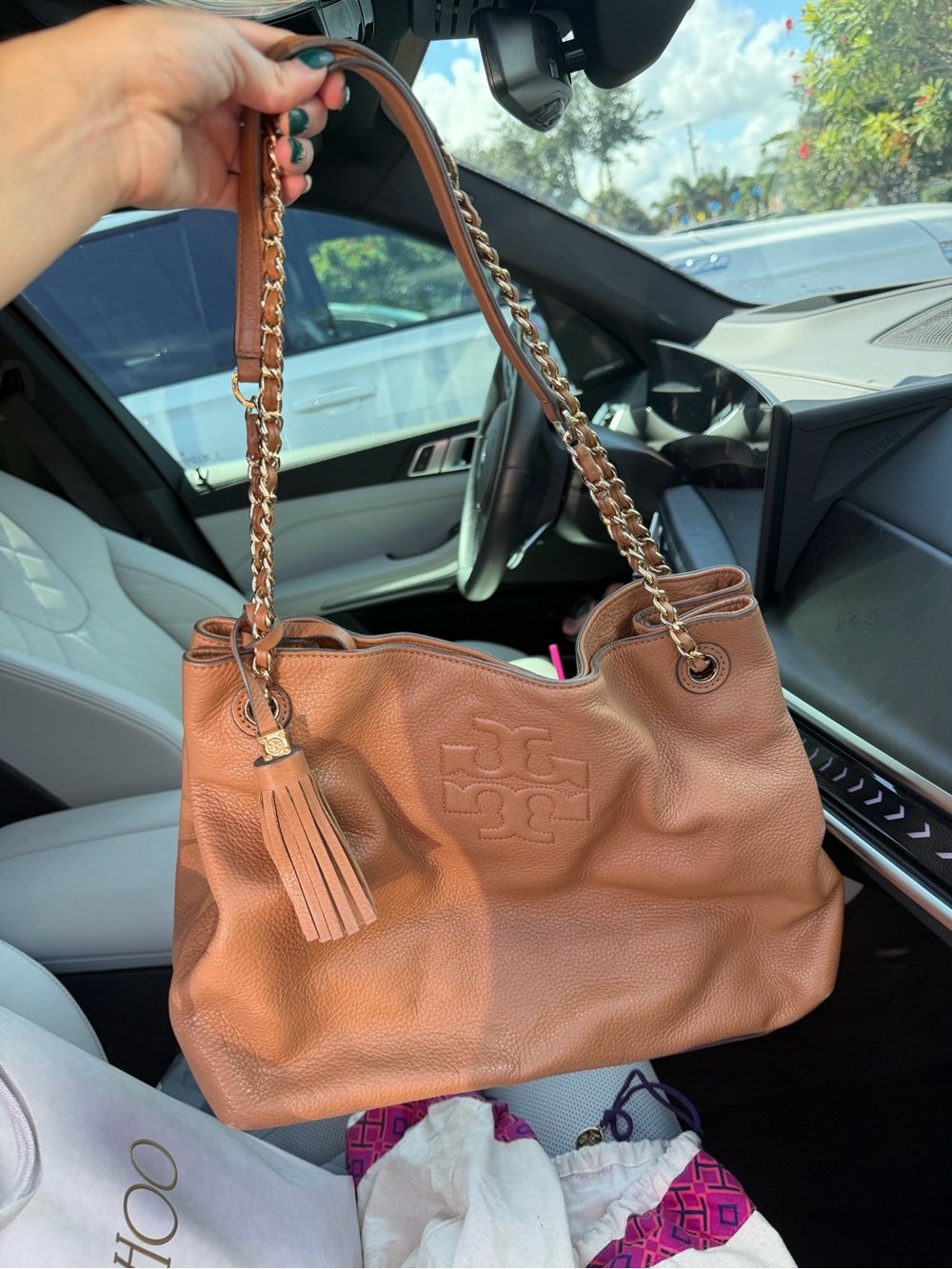 Tory Burch Cognac Leather Chain-Handle Shoulder Bag